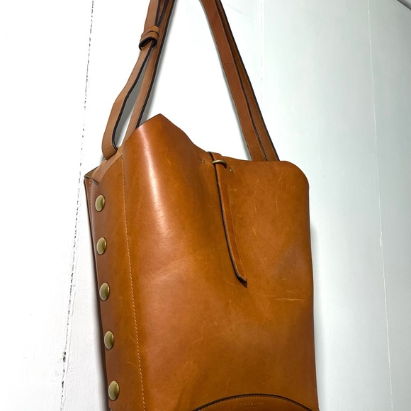 Rare Tory Burch Rowan Whiskey Tan Leather Shoulder Crossbody Studded Bucket Bag - Picture 4 of 11